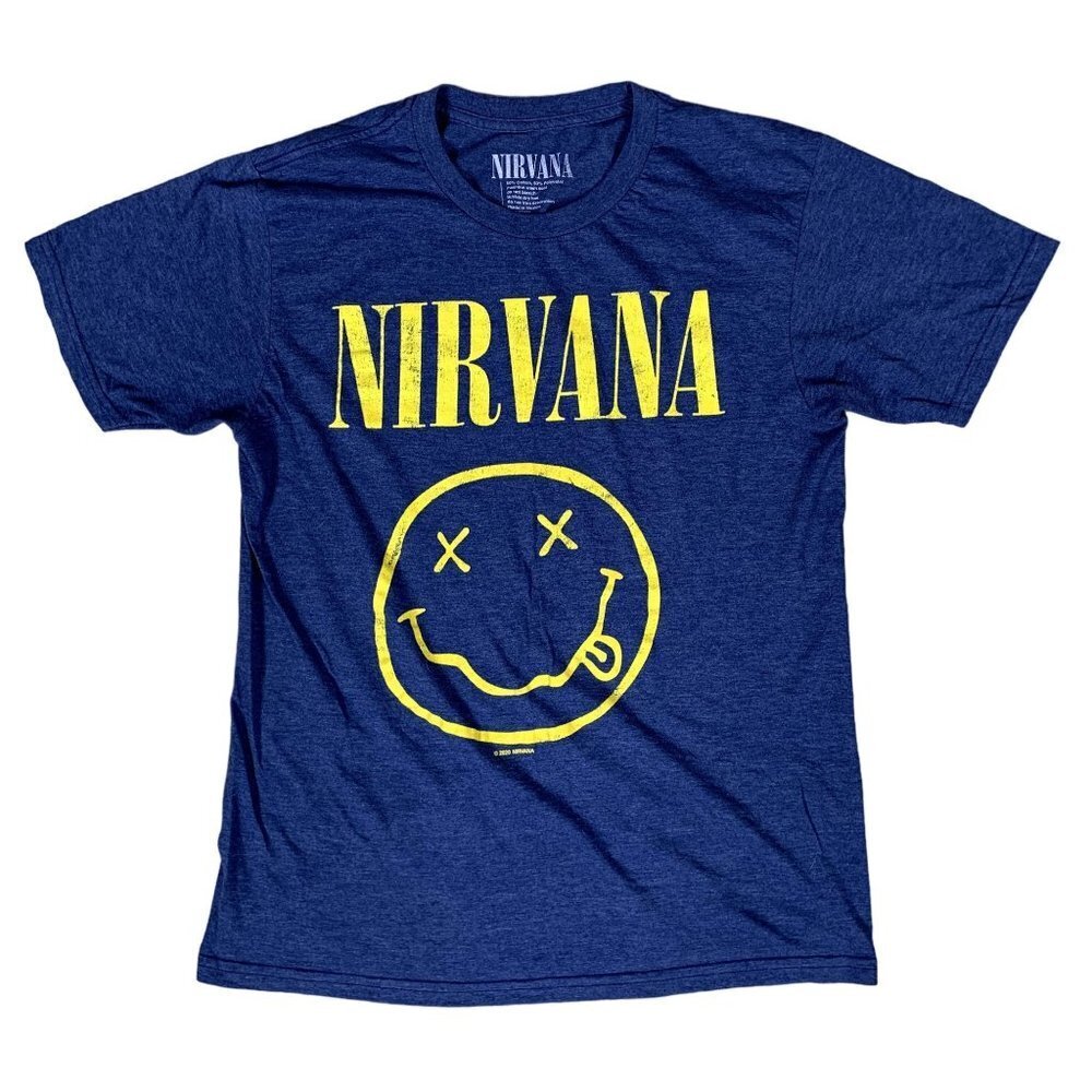 Nirvana Smiley T-Shirt Mens Medium Blue Yellow Kurt Cobain Grunge Tee